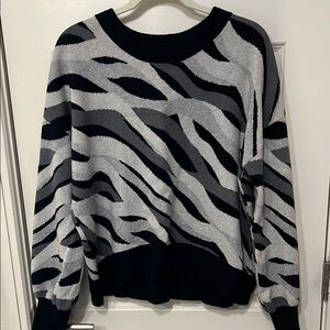 Halogen Black and Gray Crew Neck Sweater with Artistic Zebra Pattern
